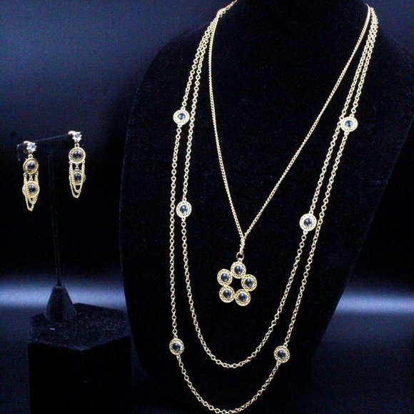 Celebrity NY Signed Designer Graduating Bezel Gold Tone Necklace Set - Picture 3 of 11